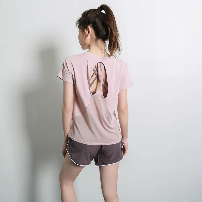 Women's polyester short sleeve sports t-shirt in black, grey green, sky blue and pink colours