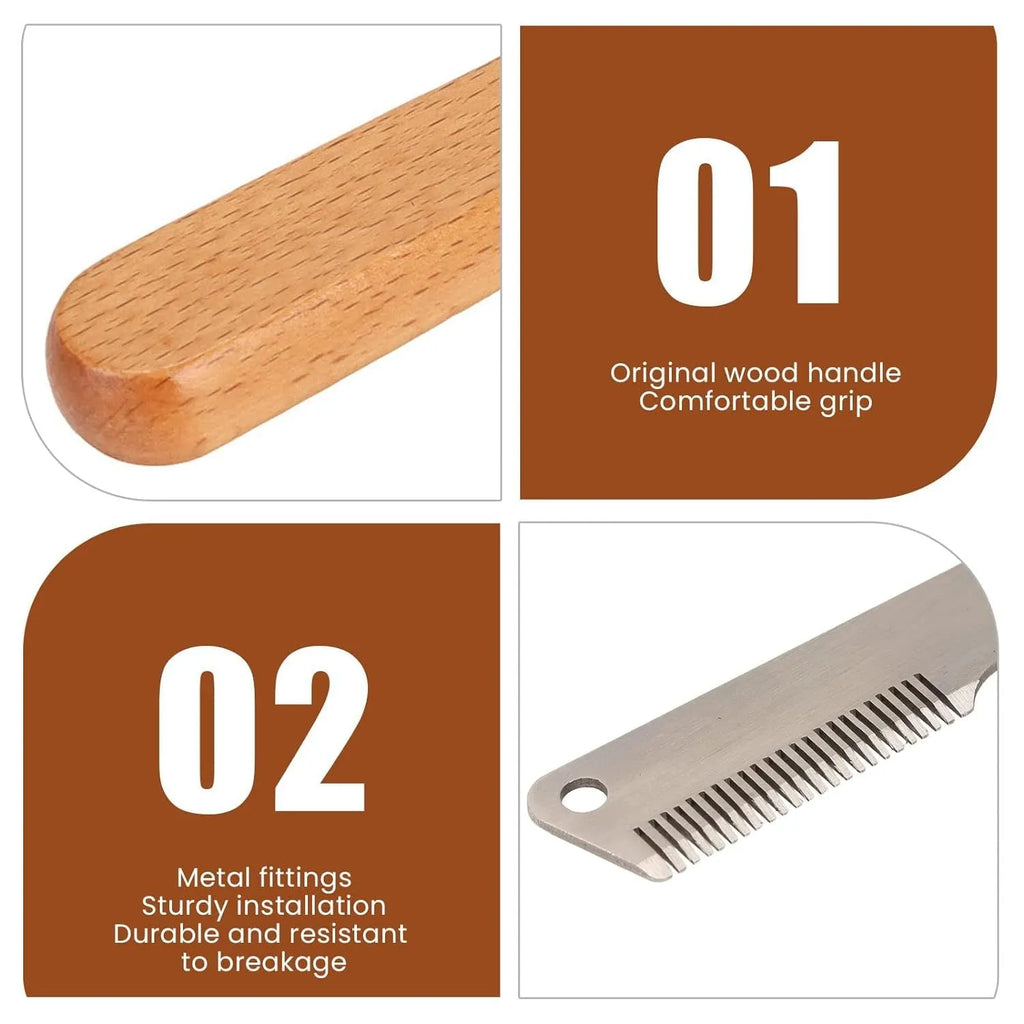 Pet stripping comb with wooden handle and metal teeth for removing hair from dogs and cats.