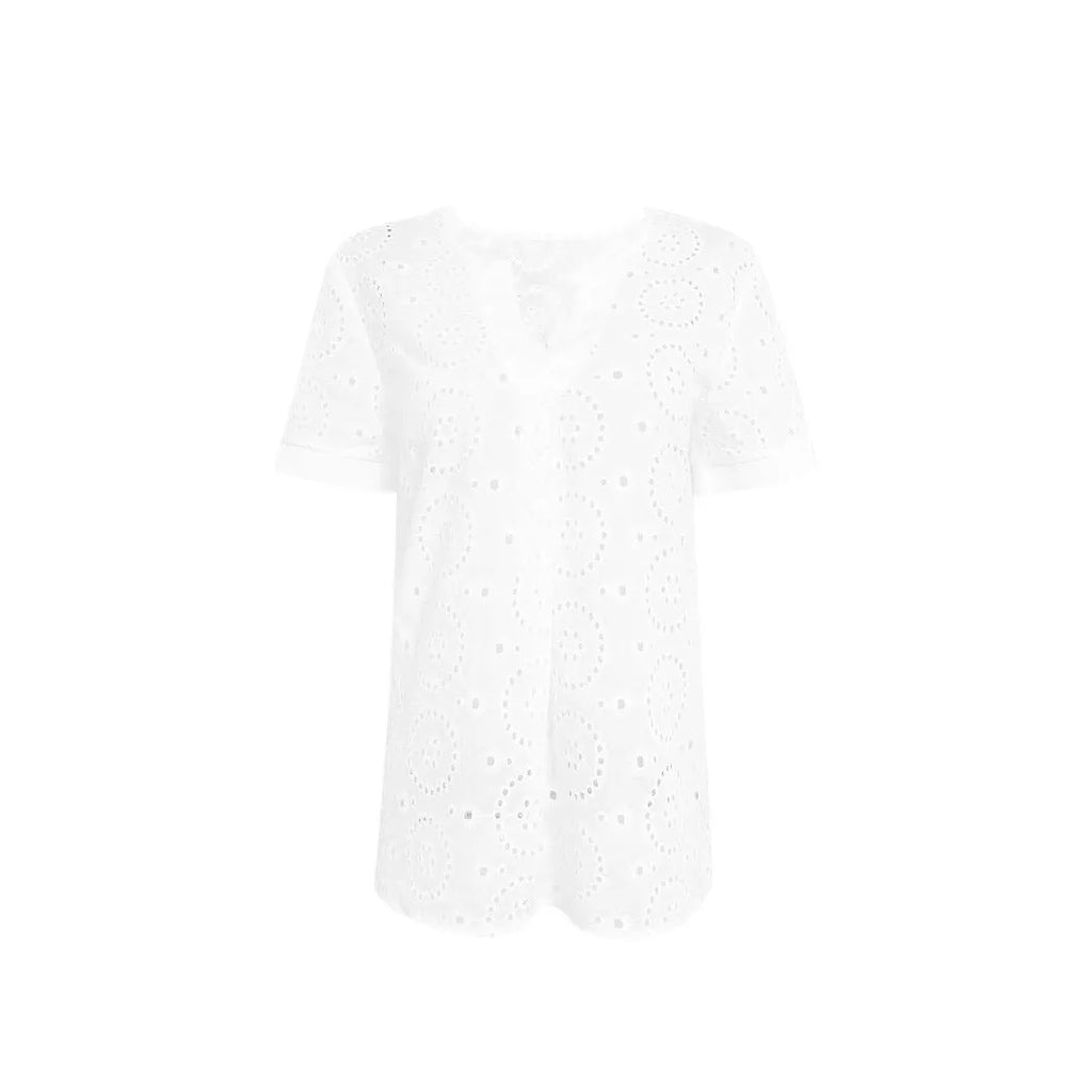White V-neck short sleeve T-shirt with hollow-out design detail, loose fit