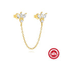 S925 sterling silver geometric chain stud earrings with inlaid zircon for double piercings in golden colour.