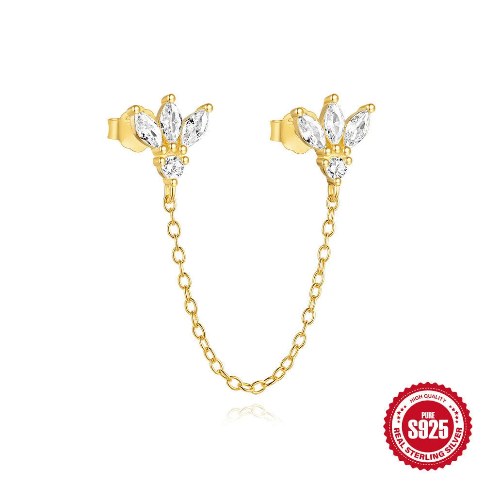 S925 sterling silver geometric chain stud earrings with inlaid zircon for double piercings in golden colour.