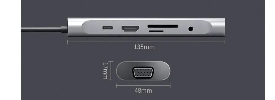Grey aluminium USB-C docking station with HDMI, VGA, USB and charging ports