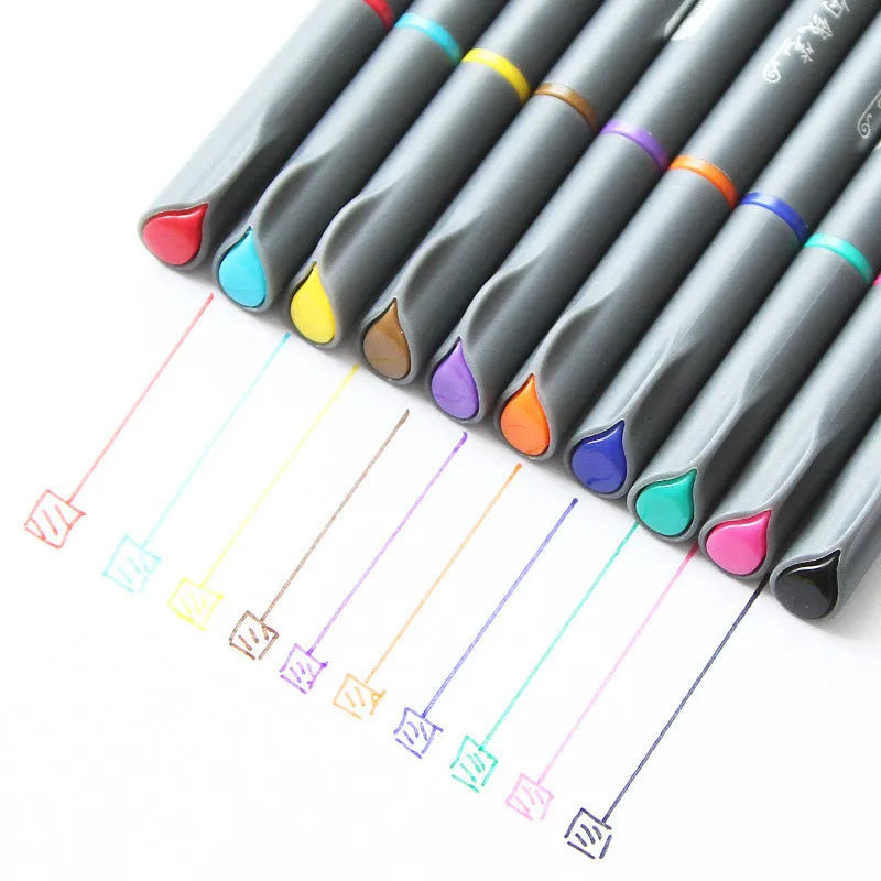 Set of ten 0.38mm fine tip technical drafting pens with syringe stroke mechanism, each 15.8cm long.