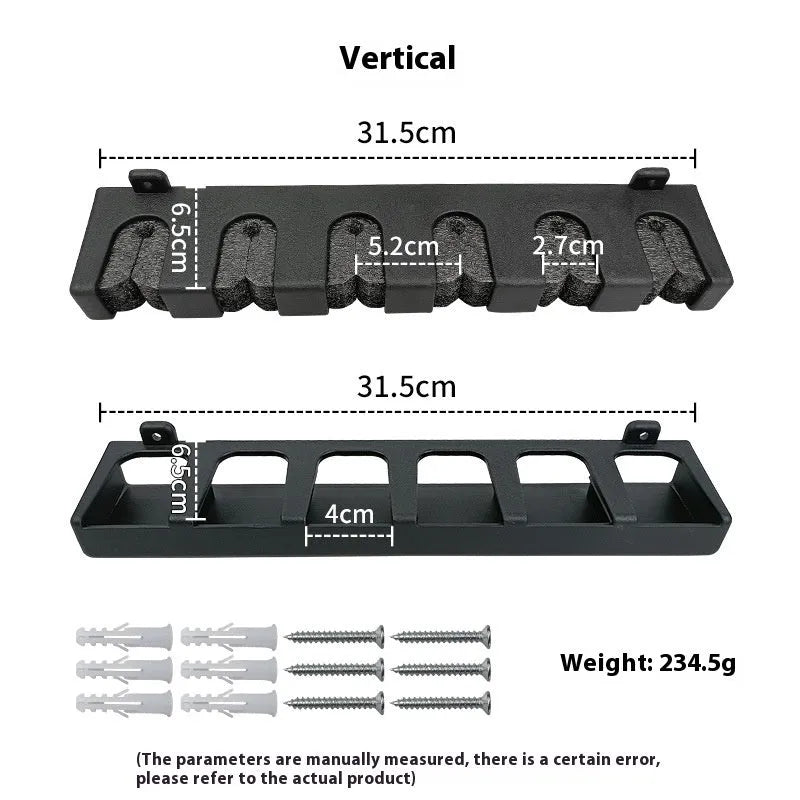 Black ABS plastic wall-mounted fishing rod holder showing upright and horizontal mounting options
