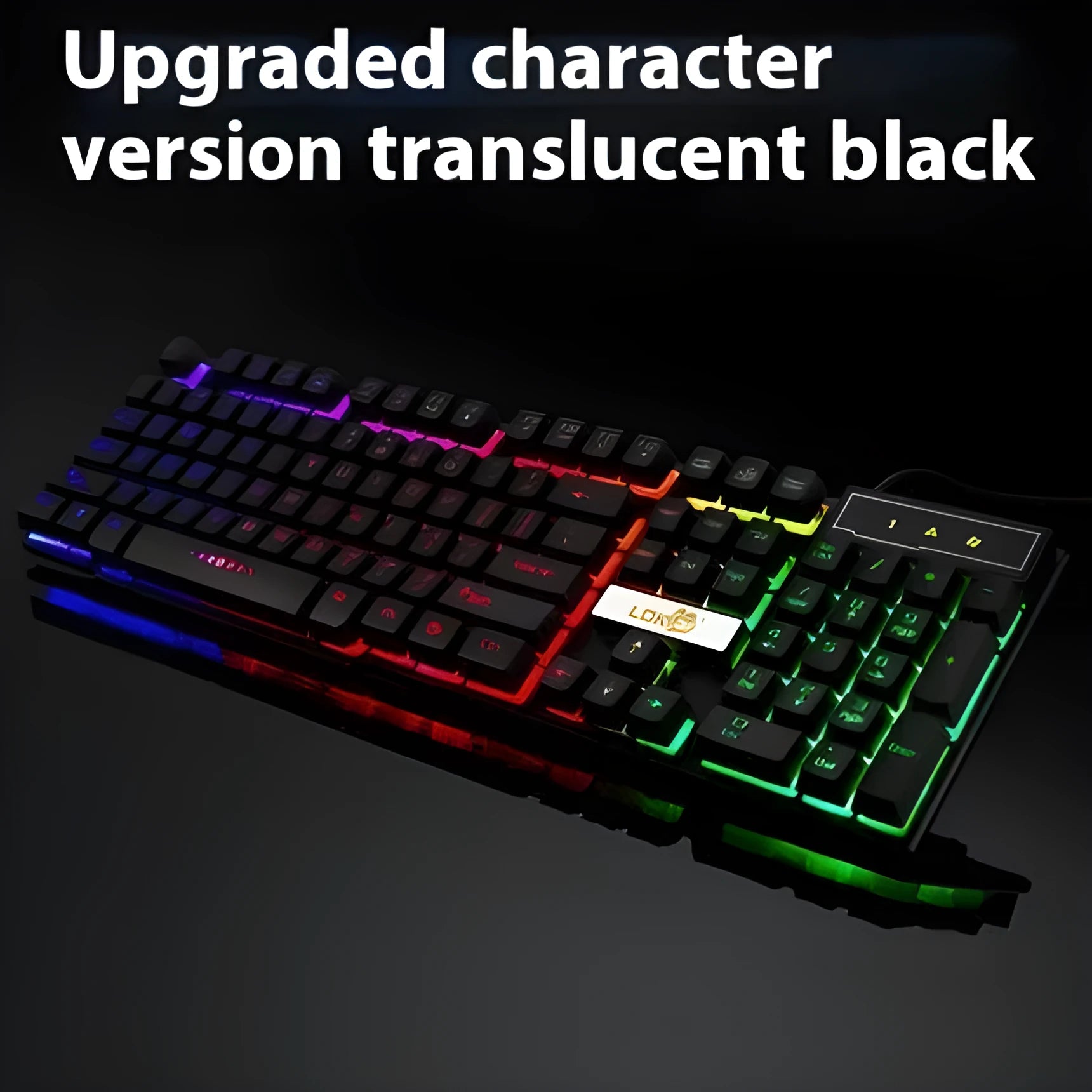 Mechanical gaming keyboard with RGB backlighting showing blue switches and braided USB cable