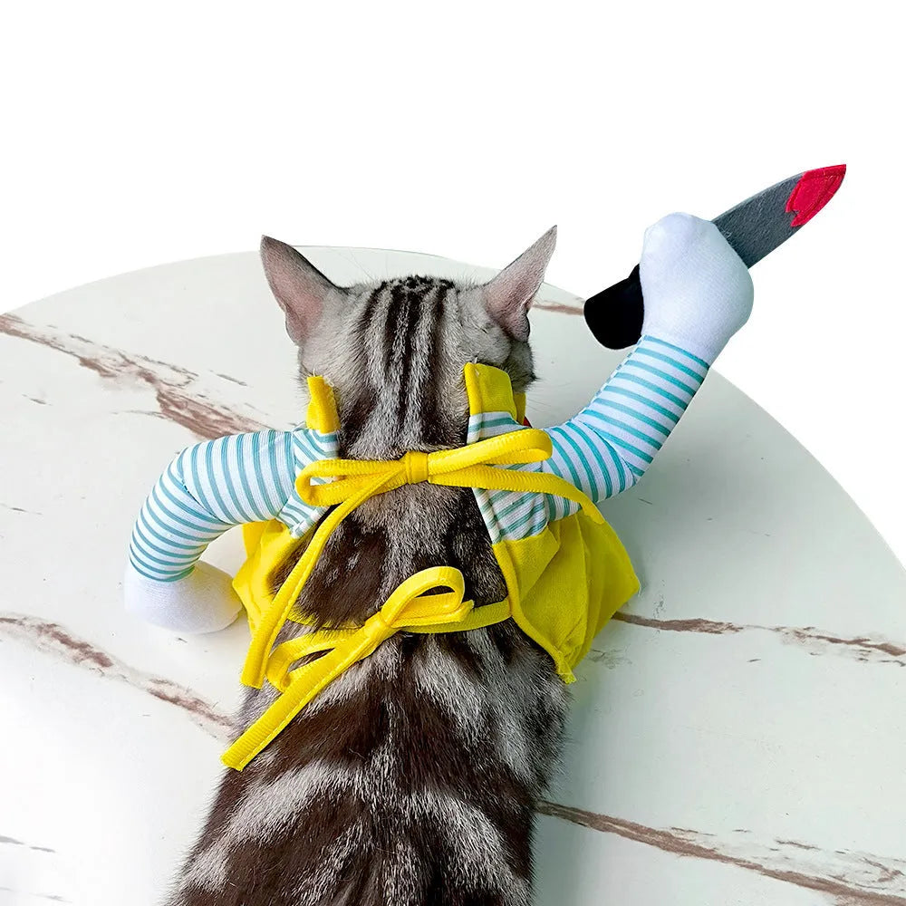 Yellow sword assassin themed cat costume in polyester fabric showing front design