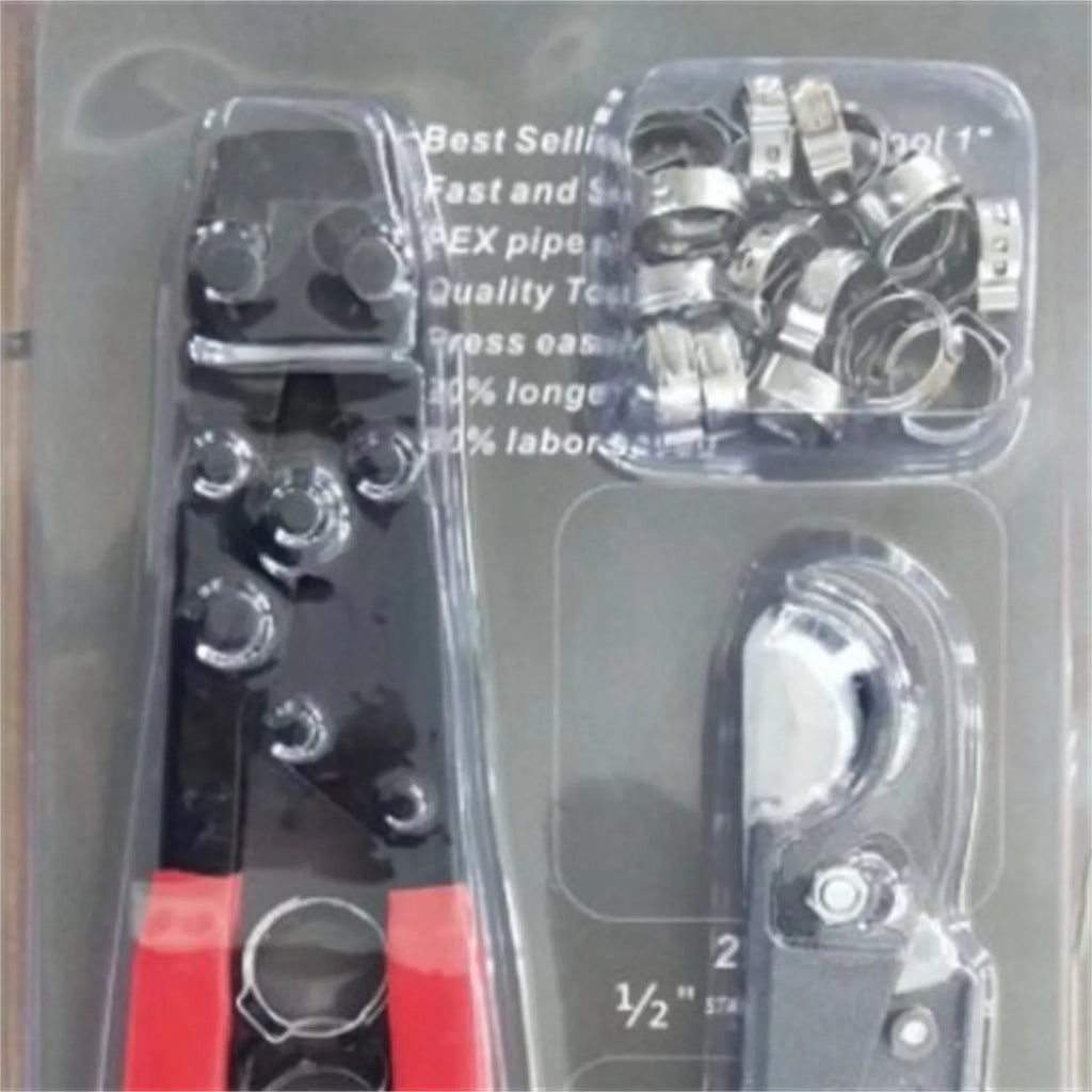 Red cloth case containing a single metal PEX clamp tool with a carbon steel cutting edge.