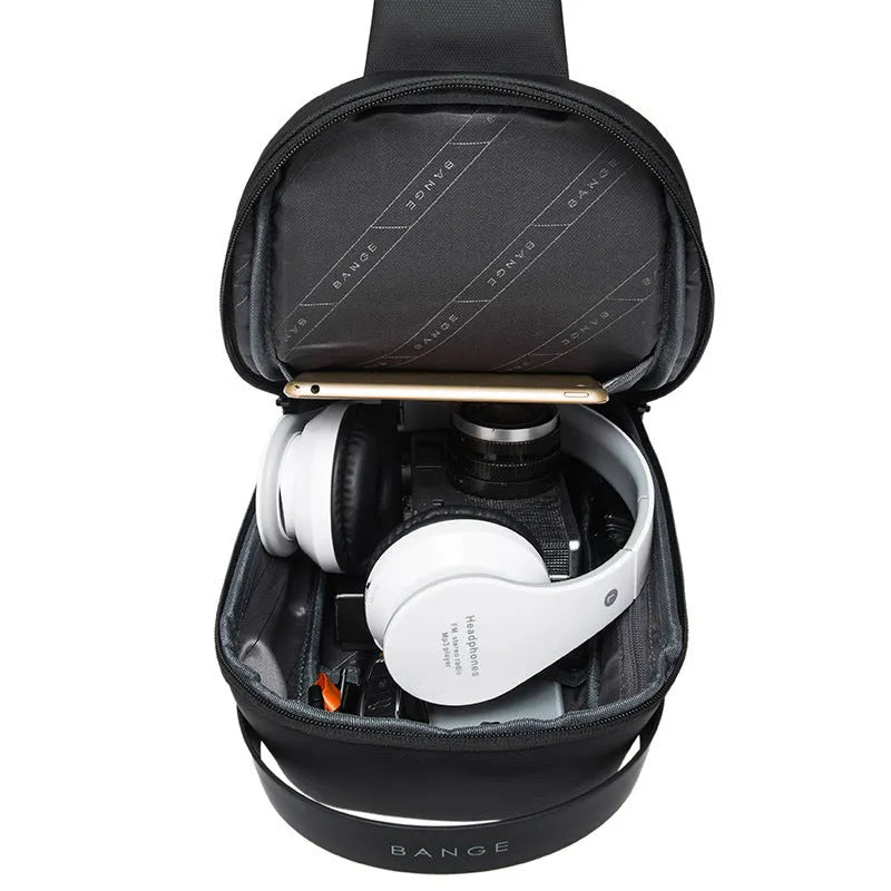 Men's black business shoulder bag with USB charging port and Oxford cloth construction