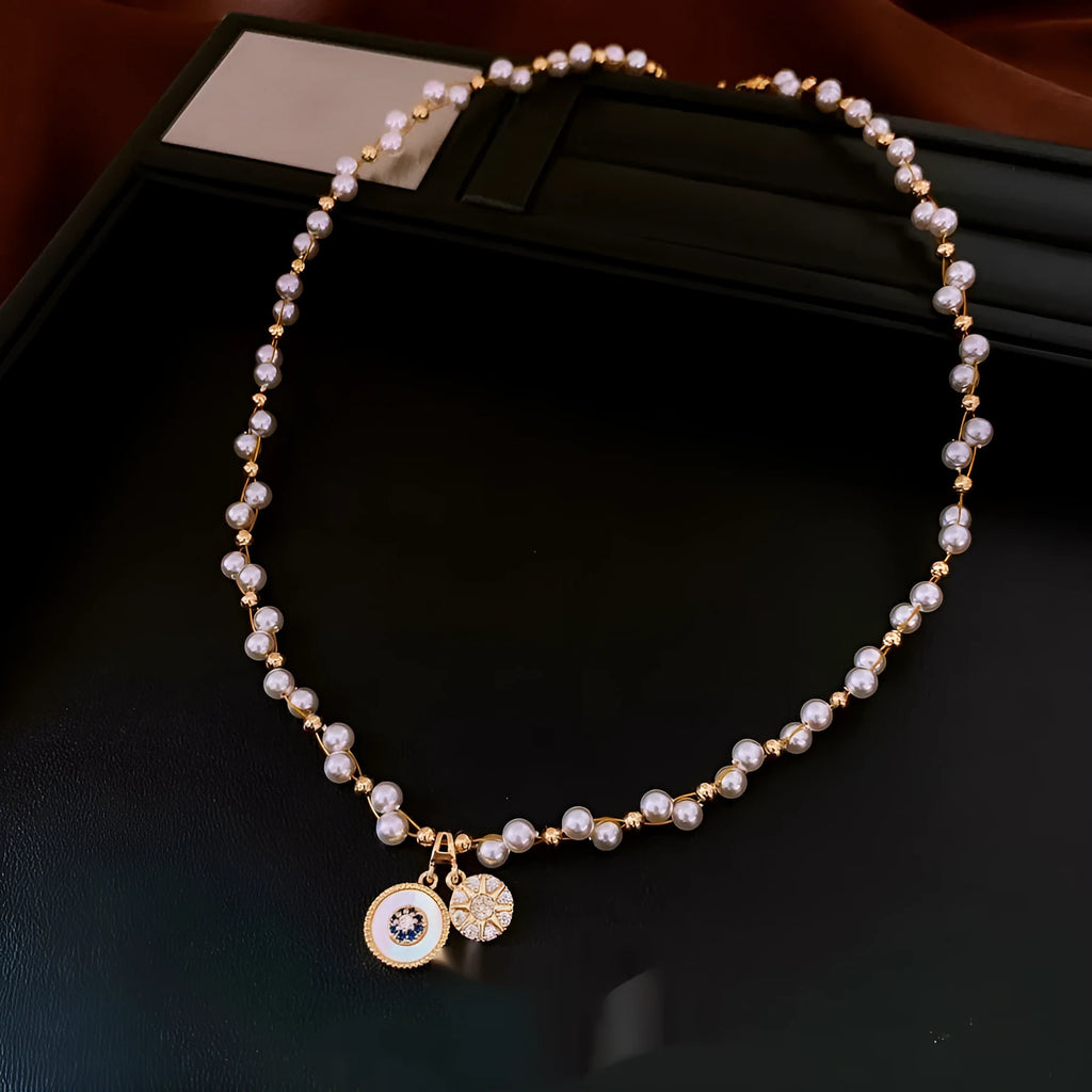 Real gold electroplated zircon pearl pendant necklace with round geometry design on adjustable clavicle chain