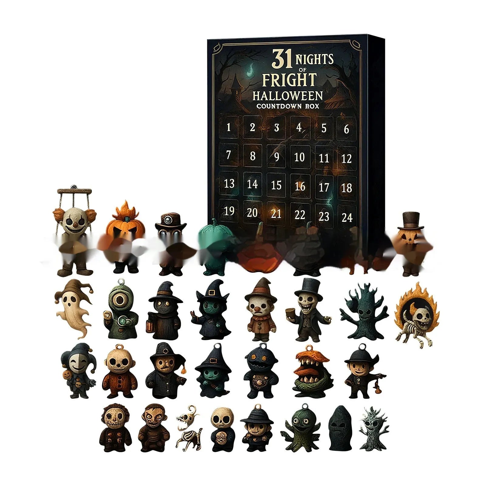 Halloween countdown advent calendar box with numbered doors containing horror-themed resin miniatures