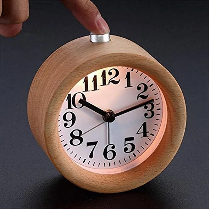 Solid beech wood traditional alarm clock with silent snooze function measuring 9.5cm in diameter