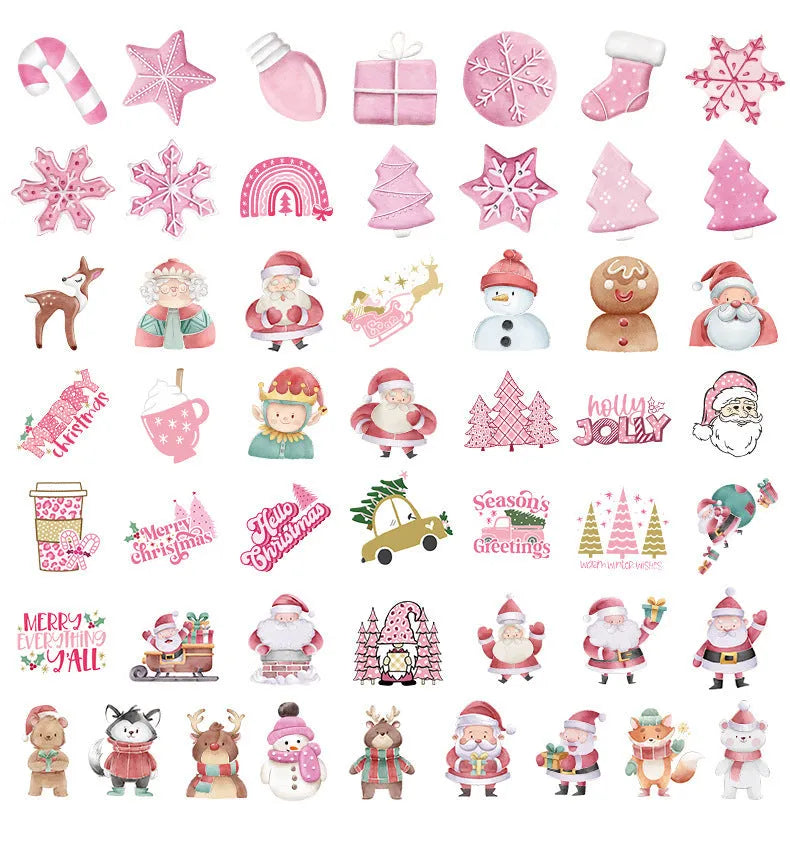Set of 50 cute Christmas waterproof stickers in sizes from 4cm to 8cm for decoration.