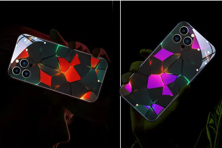 Tempered glass iPhone 14 case with incoming light notification around camera cutout.