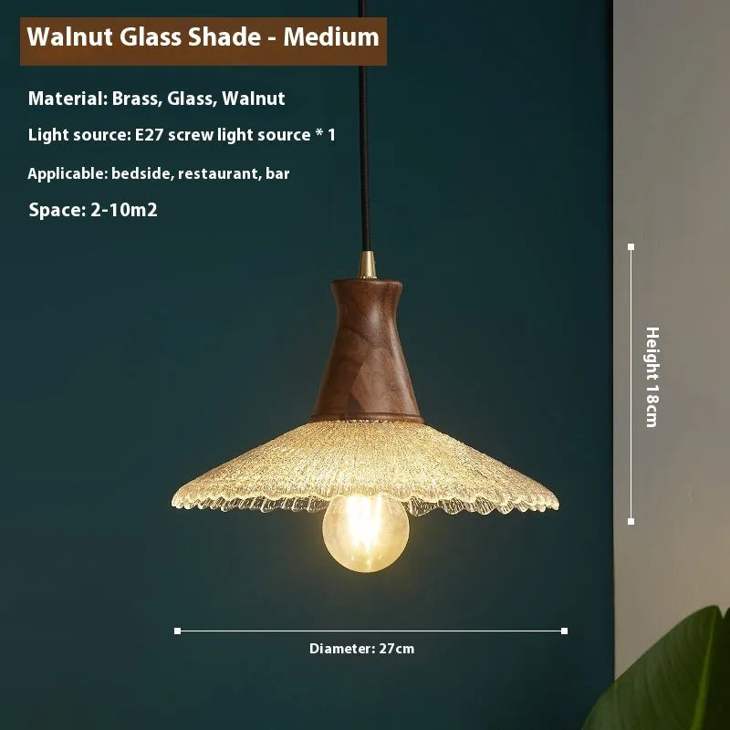 Retro wood and glass chandelier with brass finish in three size options
