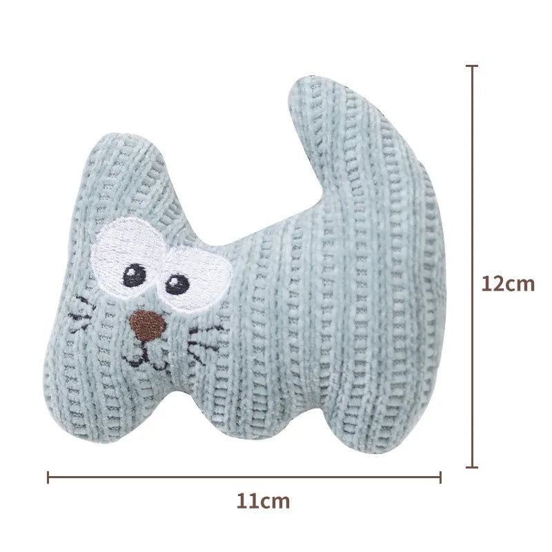 Cyan plush cat chew toy with rope ends, containing catnip and a bell.