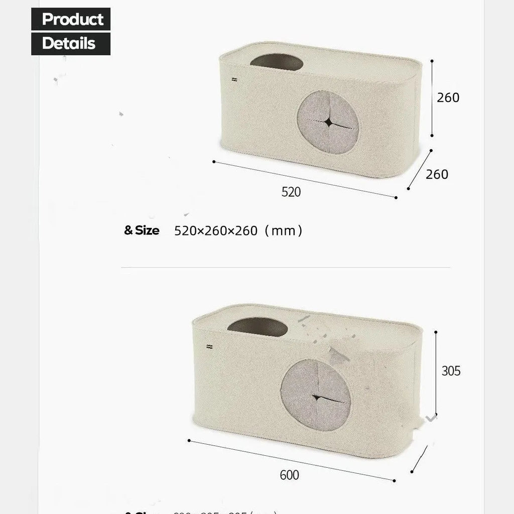 Grey foldable felt cat nest bed shown in its opened and folded positions