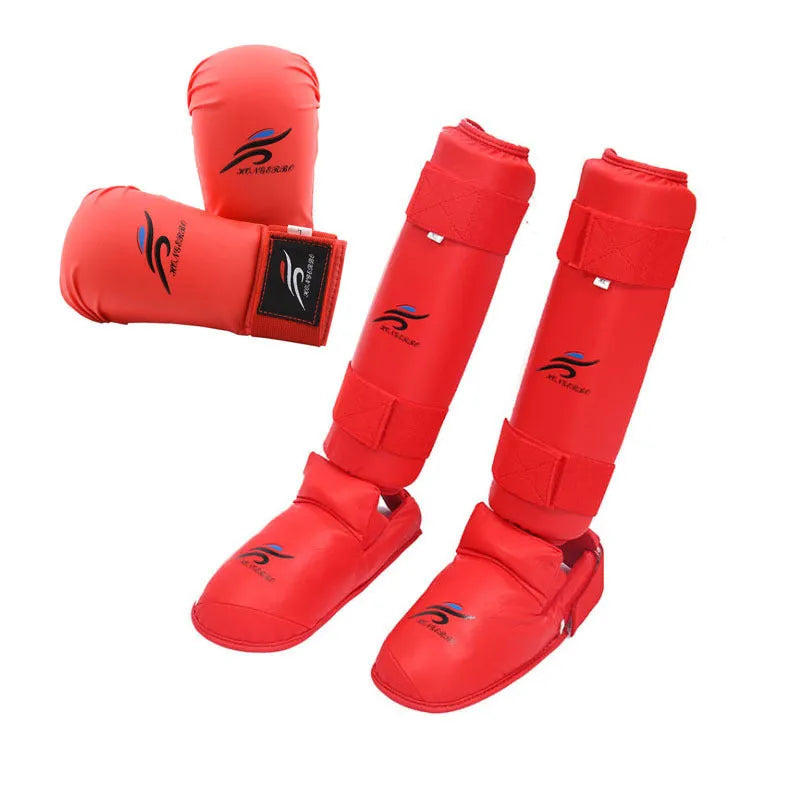 Blue karate protective gear set showing helmet, boxing gloves and leg guards for martial arts training