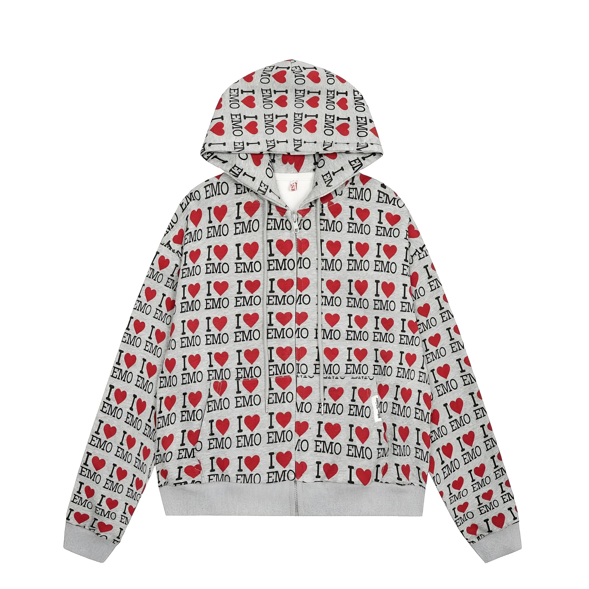 Women's melange grey hooded cardigan sweater with retro pattern street fashion design