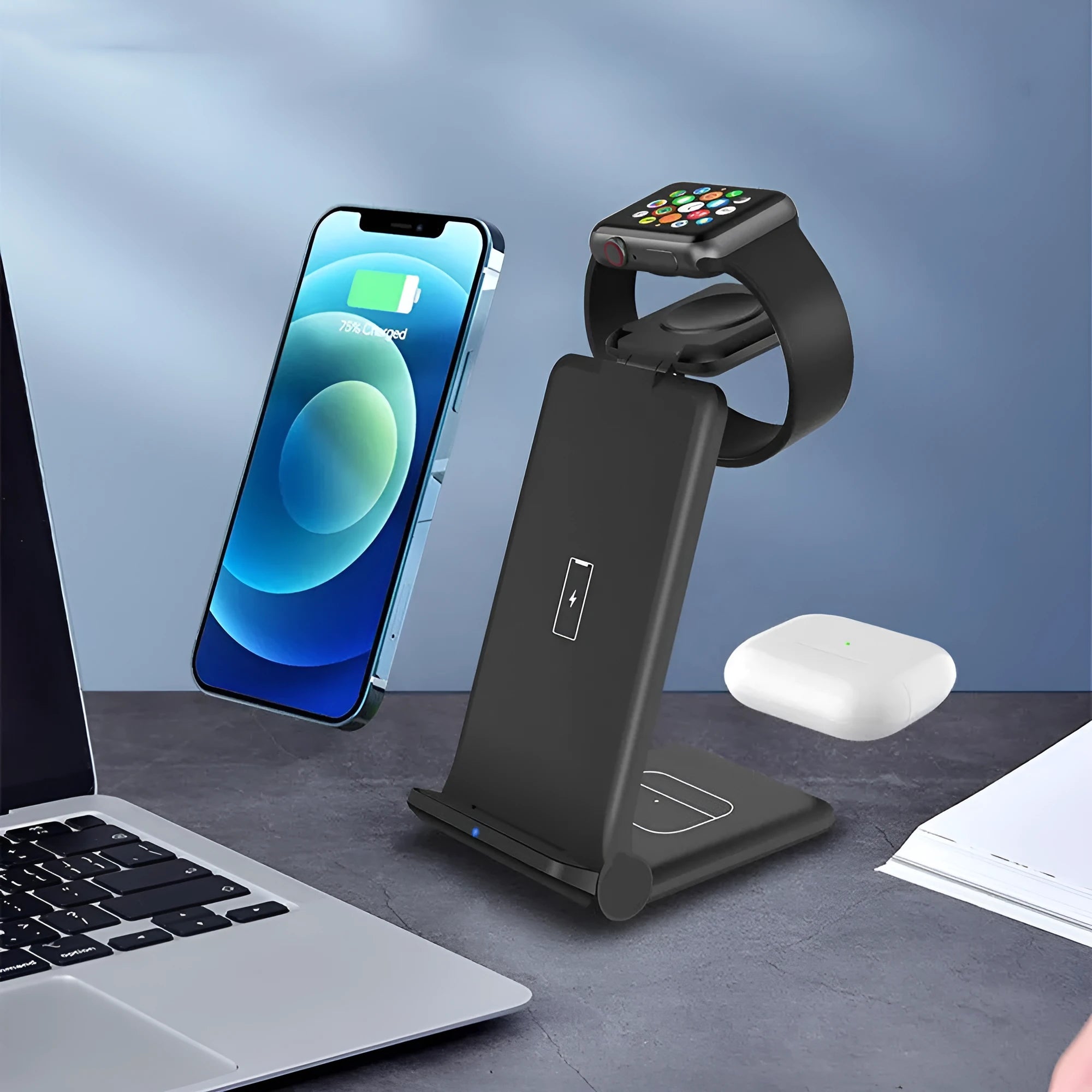 Black foldable 3-in-1 wireless charging station showing phone, Apple Watch and AirPods charging simultaneously.