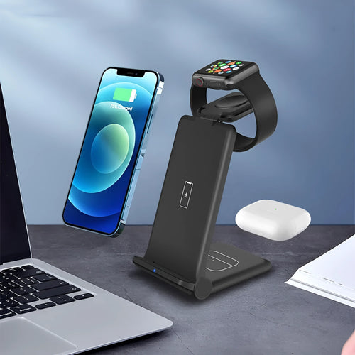 Black foldable 3-in-1 wireless charging station showing phone, Apple Watch and AirPods charging simultaneously.