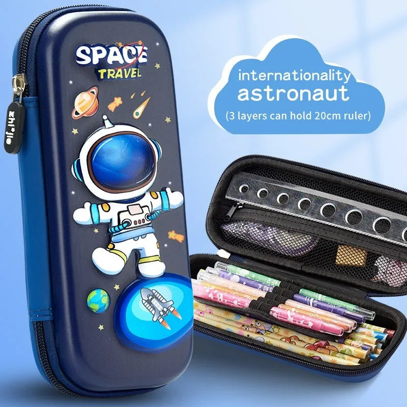3D leather pencil case in a box shape showing one of the available design options such as a spaceship or unicorn