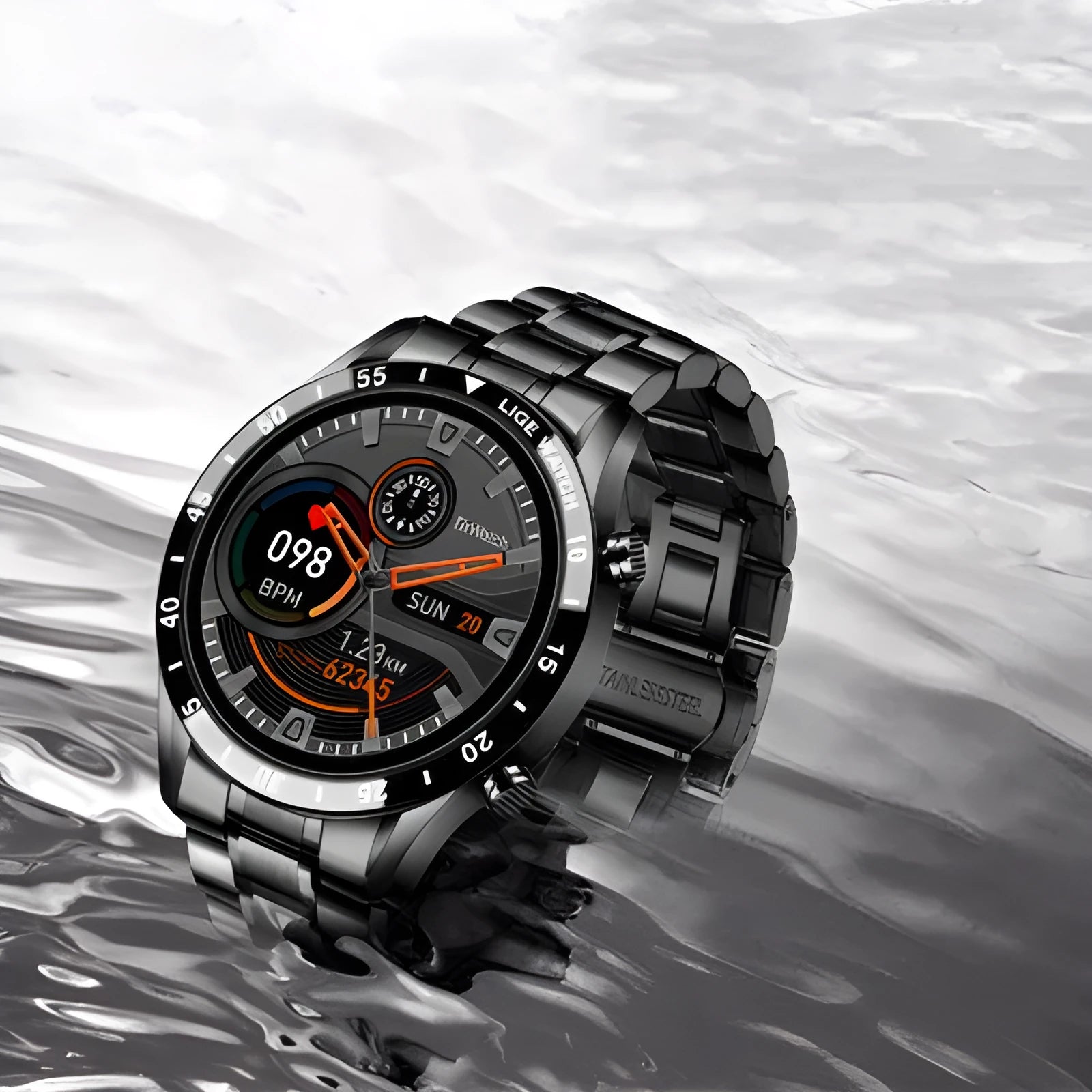 Smart watch with stainless steel band and 1.3-inch touch screen display