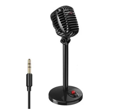 Black USB desktop microphone on a weighted stand with a pop filter and long cable.
