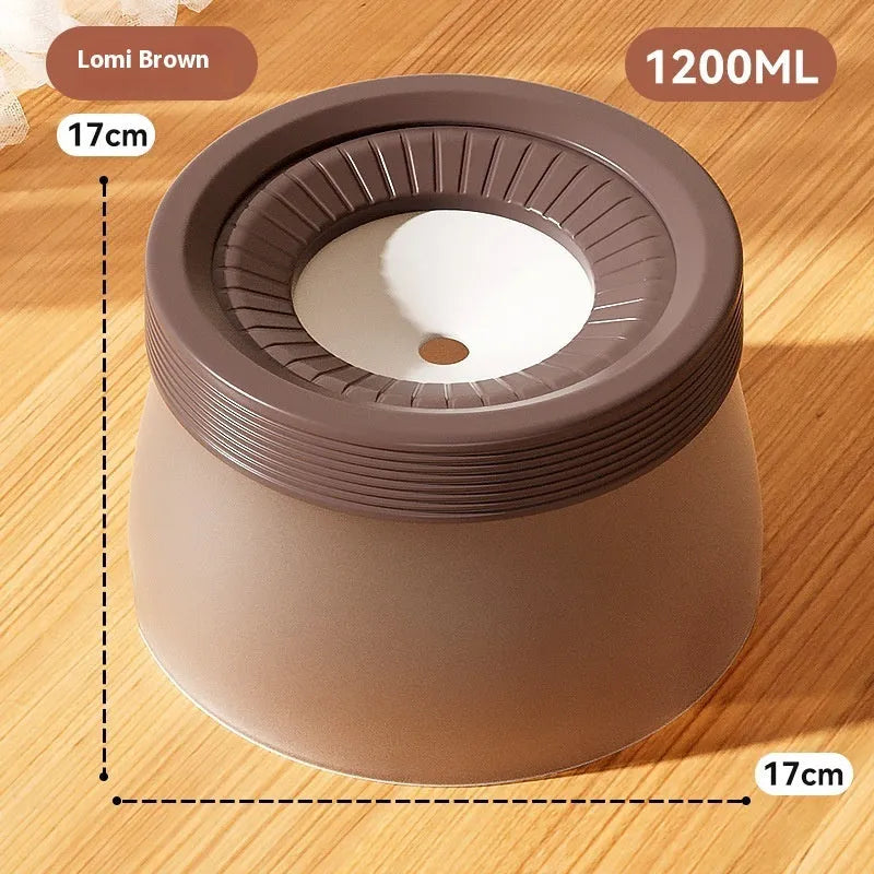 Suspended pet water bowl with non-wet mouth design in blue, green, and brown colours