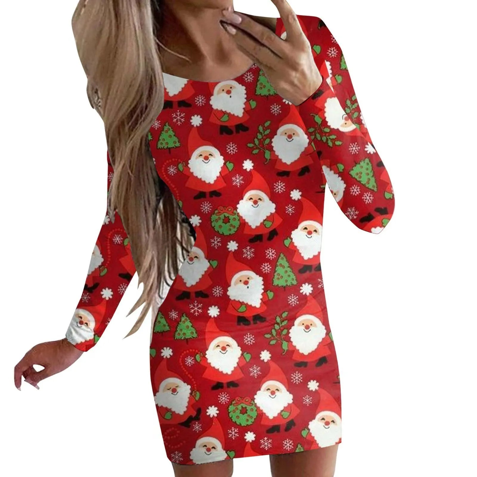 Women's tight-fitting Christmas dress with floral animal print, round neck, long sleeves, and a short hip skirt.