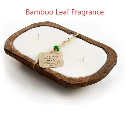 Lavender soy wax candle in wooden basin container with three wicks