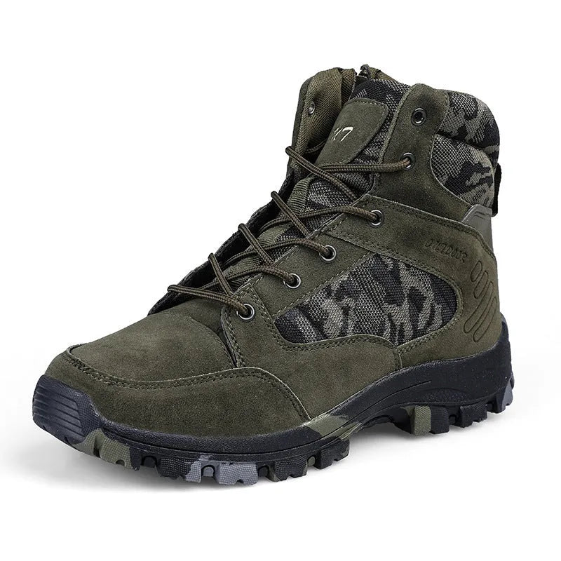 Men's black high-top hiking shoes with artificial PU upper and metal details on a natural background.