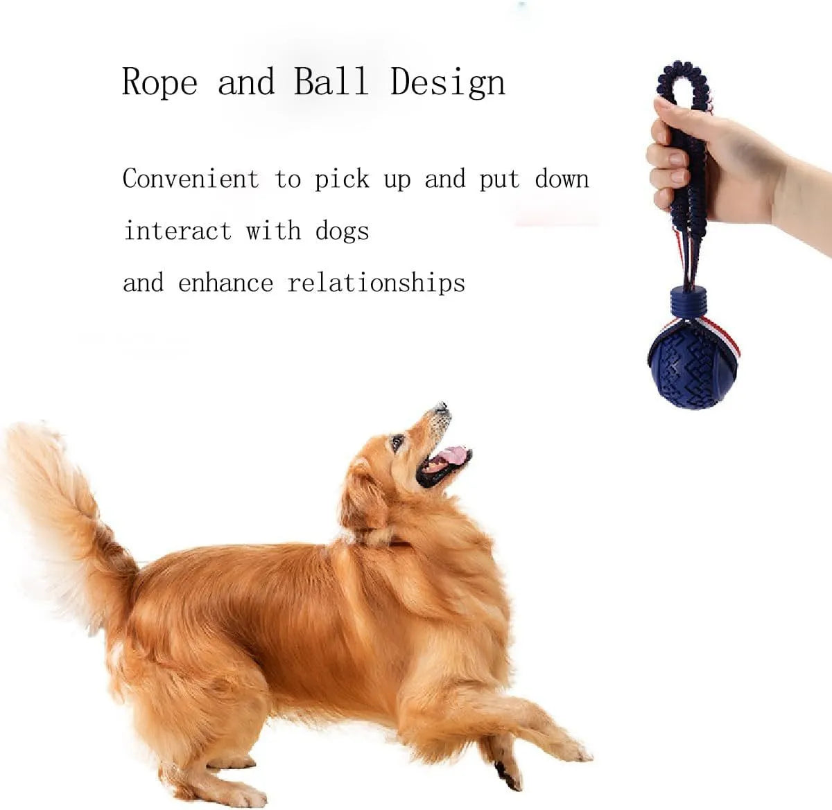 Blue dog ball with rope toy showing 6.5cm diameter ball and cotton rope handle for small dogs