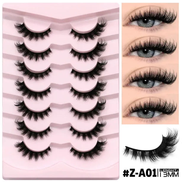 Box of natural false eyelashes showing six different thick, dense styles including Y5 and A01-A05 with glue