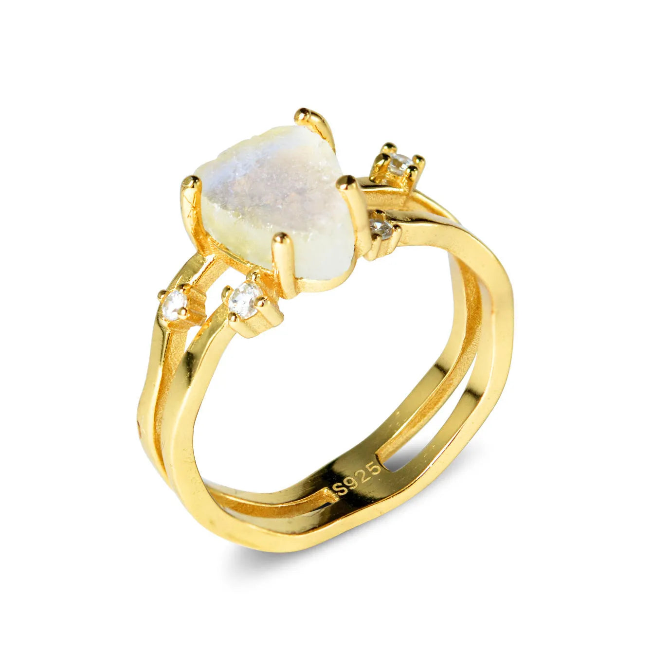 S925 silver ring with triangular shape and central moonstone in rose gold, white, or yellow gold finish.