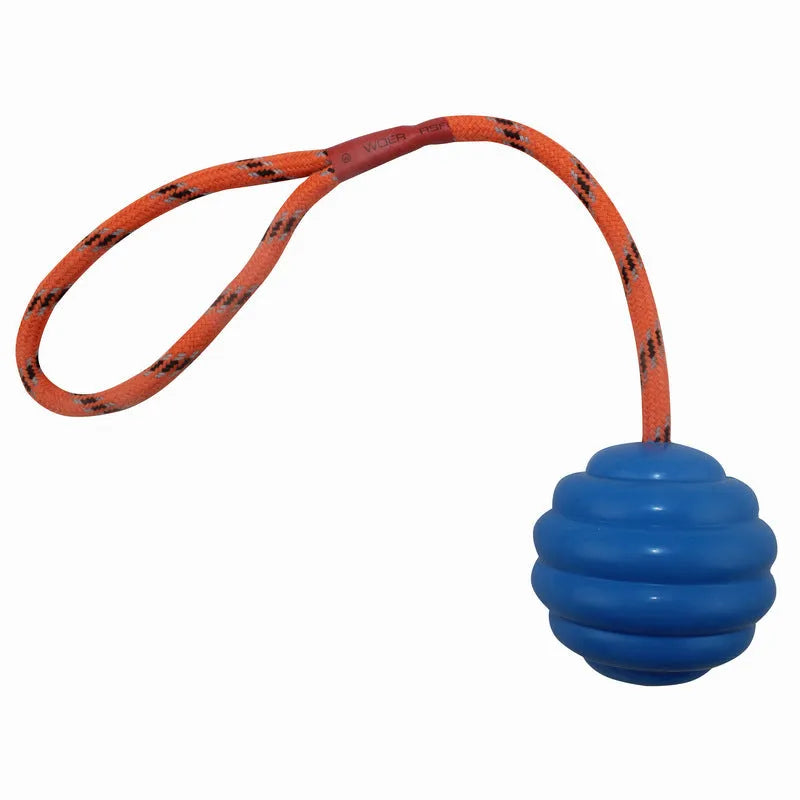 Rubber pet training ball with rope knot texture in multiple colour options