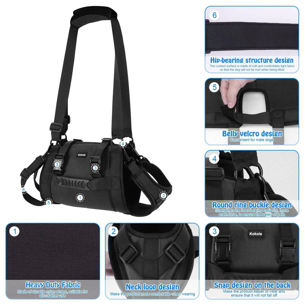 Black Oxford cloth dog harness with adjustable leg support straps for pet rehabilitation in sizes M to XXL