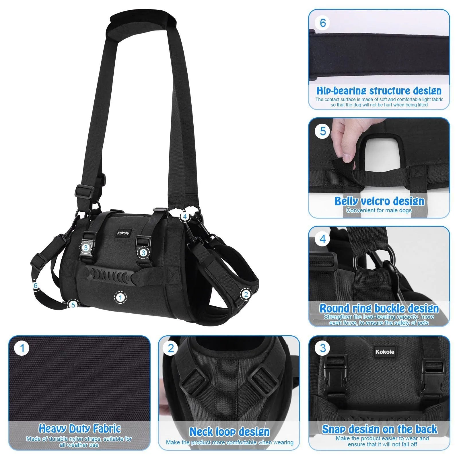 Black Oxford cloth dog harness with adjustable leg support straps for pet rehabilitation in sizes M to XXL