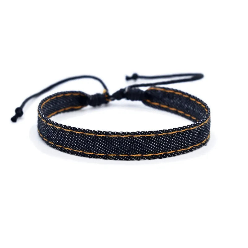 Handmade denim fabric bracelet strap for travel memories, shown in one of eleven colour variants