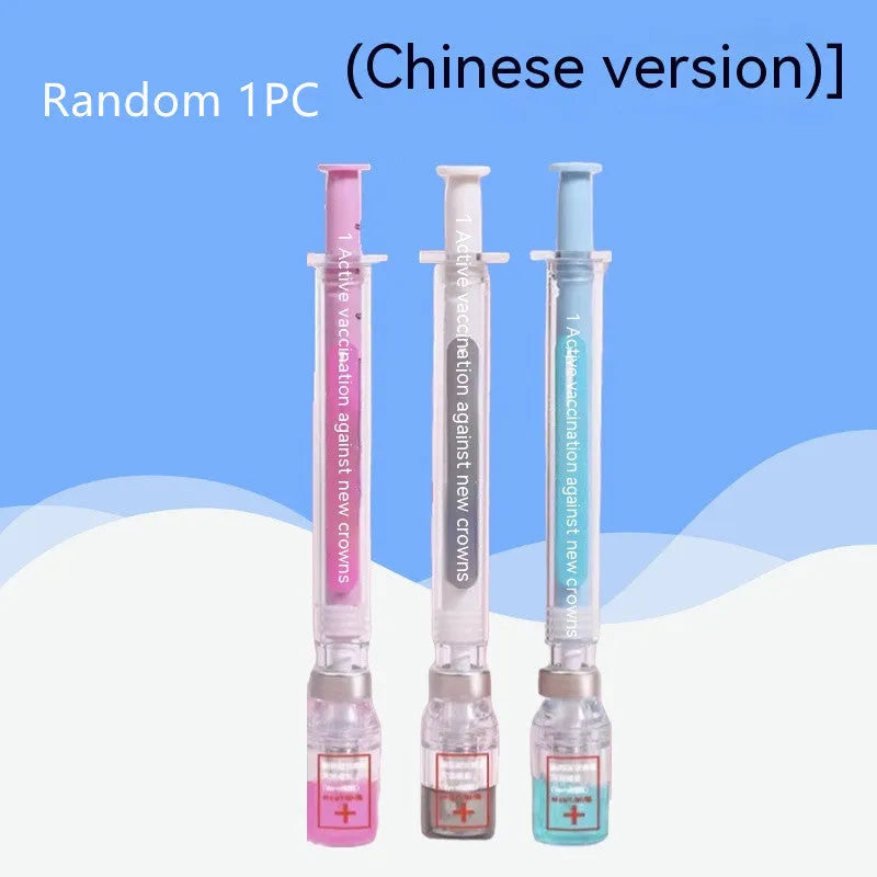 Vaccine design gel pen with syringe-styled plastic barrel and black 0.5mm refill