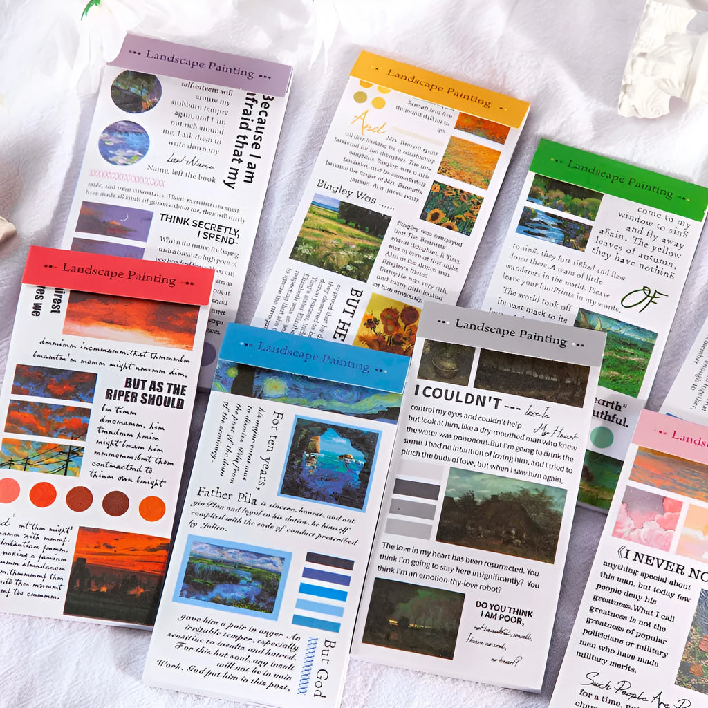 Pack of twenty rectangular paper stickers showing colourful landscape paintings, each measuring 60 by 120 millimetres.