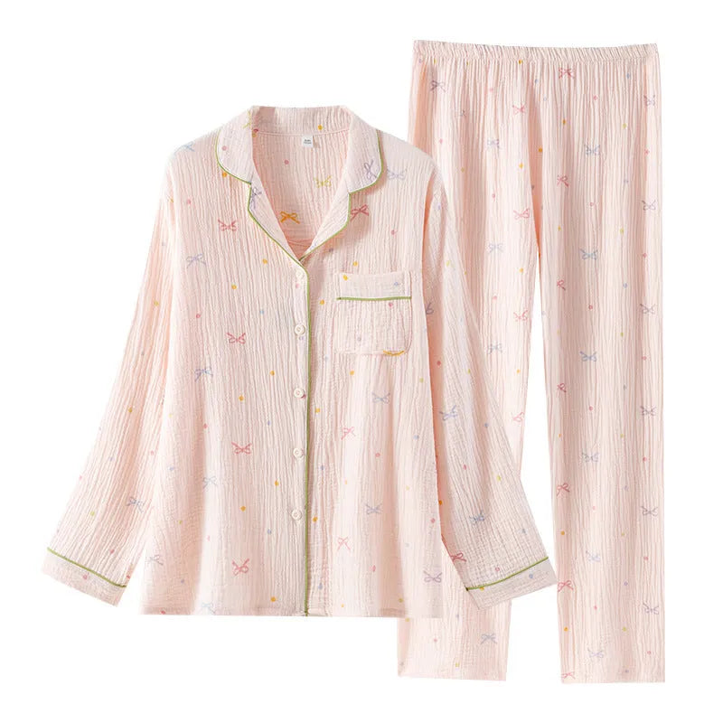 Women's cotton pajama set showing long sleeves and matching trousers in simple casual style