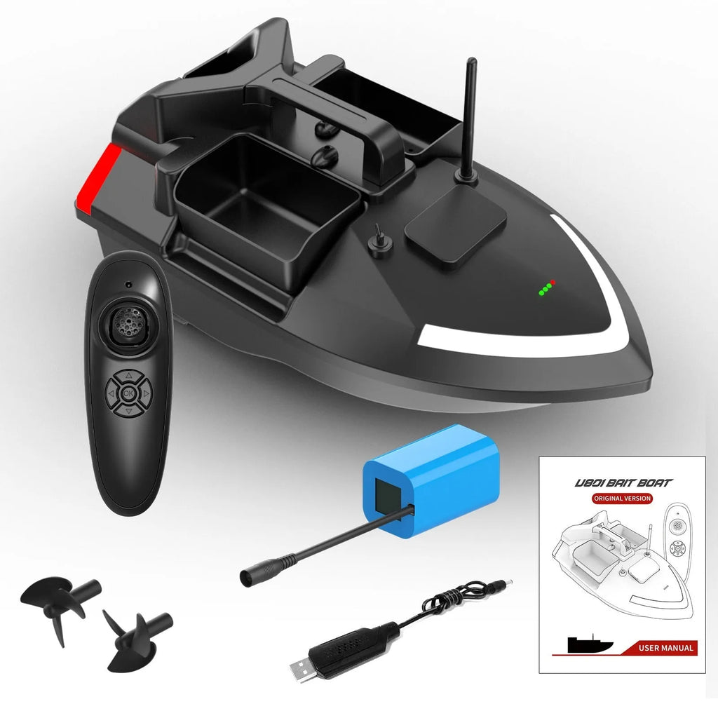 Black GPS remote control fishing boat with antenna and bait compartment