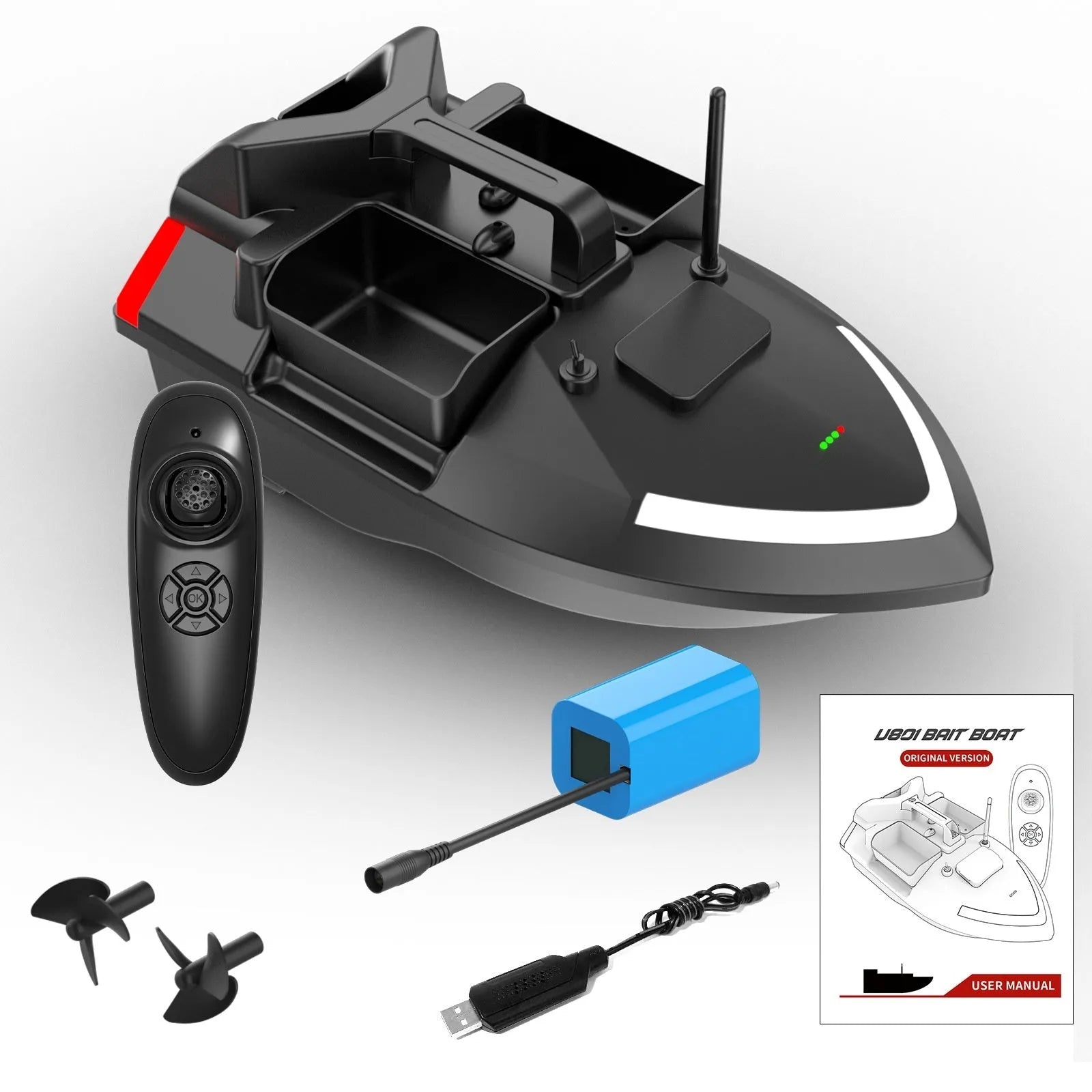Black GPS remote control fishing boat with antenna and bait compartment