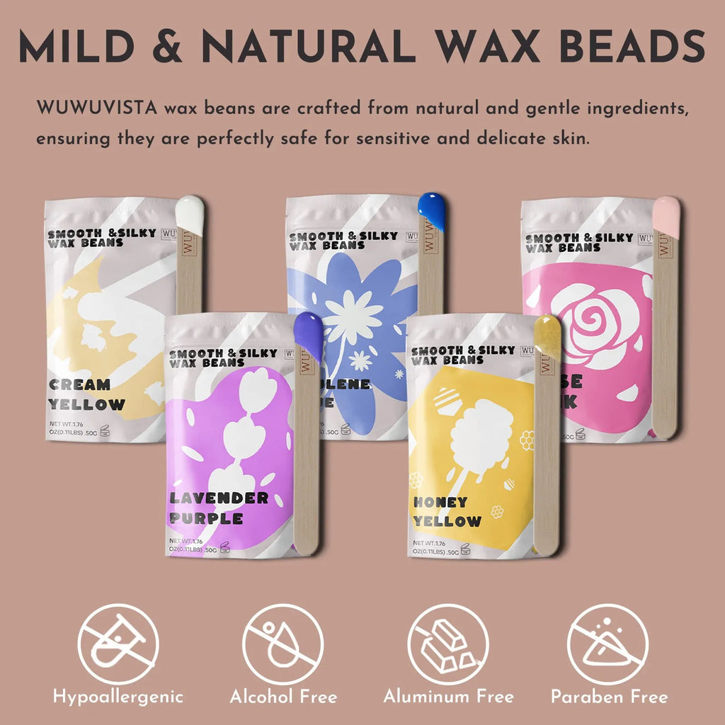 Professional waxing kit with wax warmer, five types of hard wax beans, application sticks, and post-epilation products.