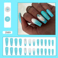 Long ballet shape artificial nails in solid smart blue diamond colour with nail glue bottle.