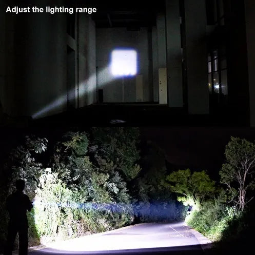 Black aluminium telescopic LED flashlight with pocket clip, shown zoomed in and out.