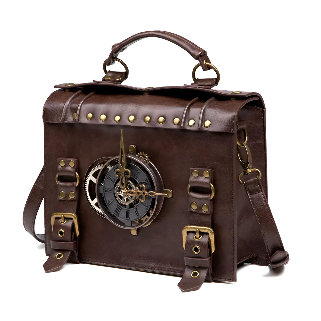 Bronze steampunk industrial retro shoulder bag with pillow shape and metal details