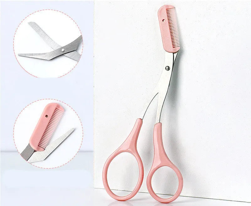 White and pink eyebrow trimming knife with curved moon comb and stainless steel blades