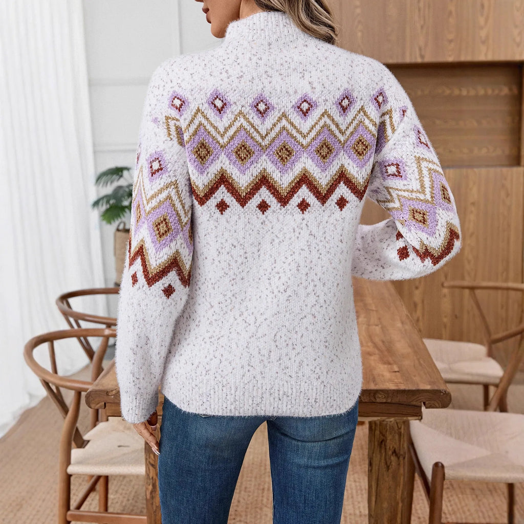 White half turtleneck jacquard sweater with geometric pattern and loose fit design