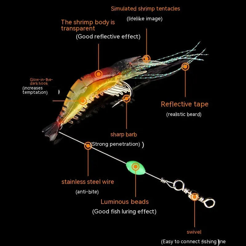 Luer soft fishing lure with integrated hook in six colour variations including black head yellow body and luminous options